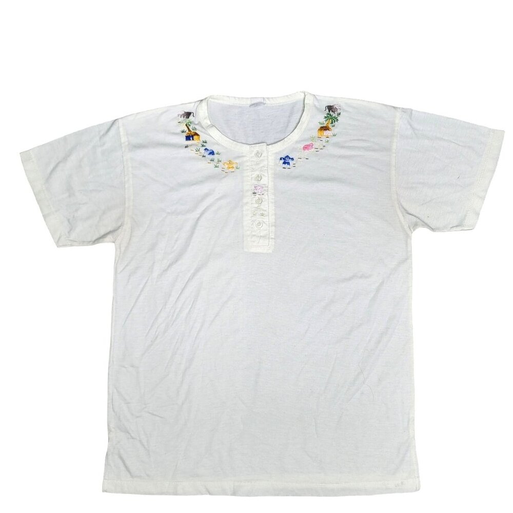 Vintage White Cotton Embroidered Henley Top With tropical Animal embroidery XL